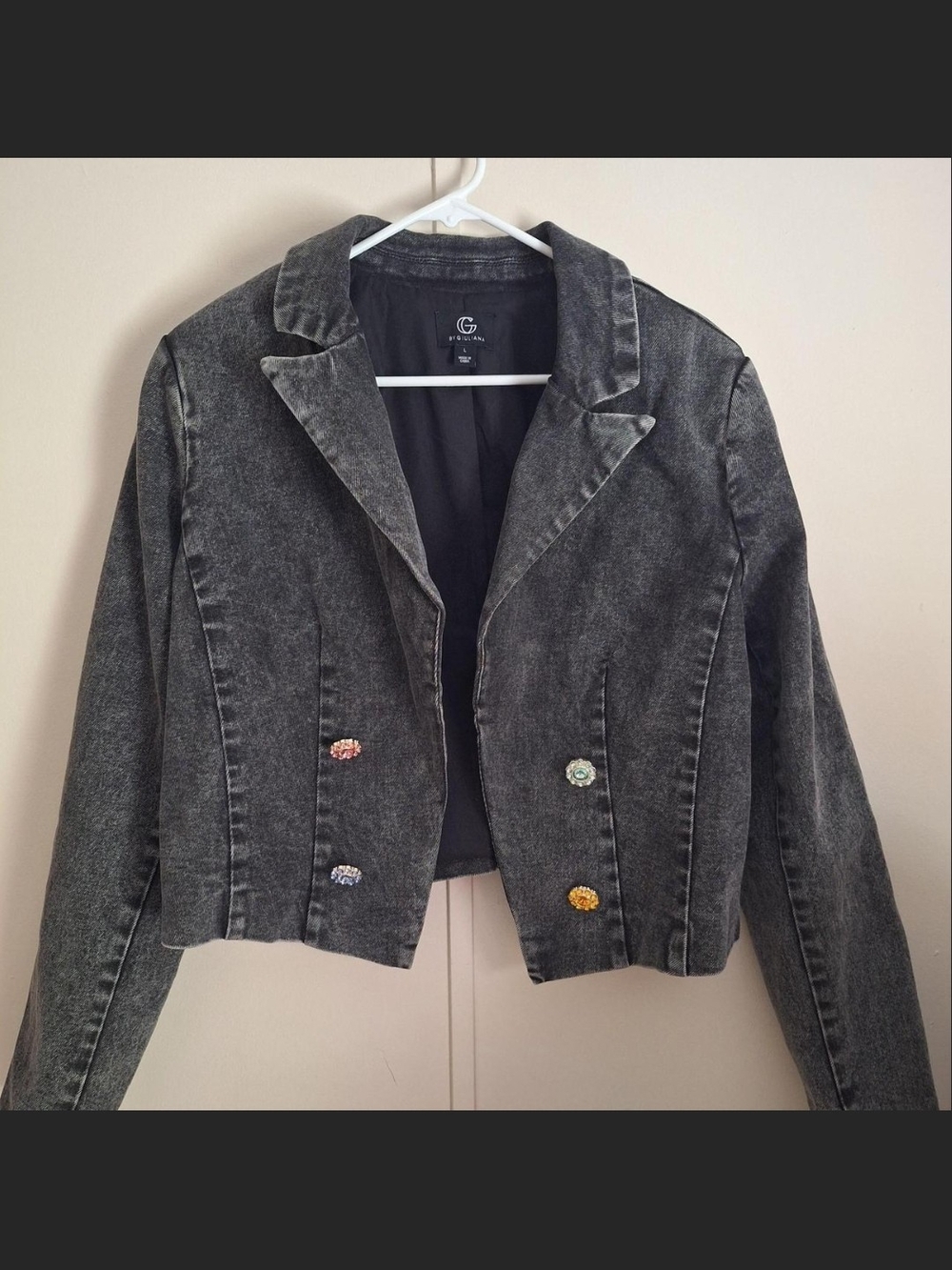 New,G by Giuliana Washed Black Cropped Blazer with Decorative Multicolor Buttons